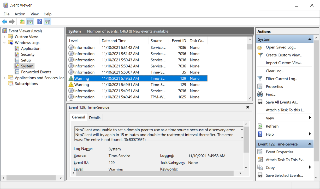 This screenshot displays the System event log for a server computer. The administrator has selected a Warning event that relates to the NntpClient. 