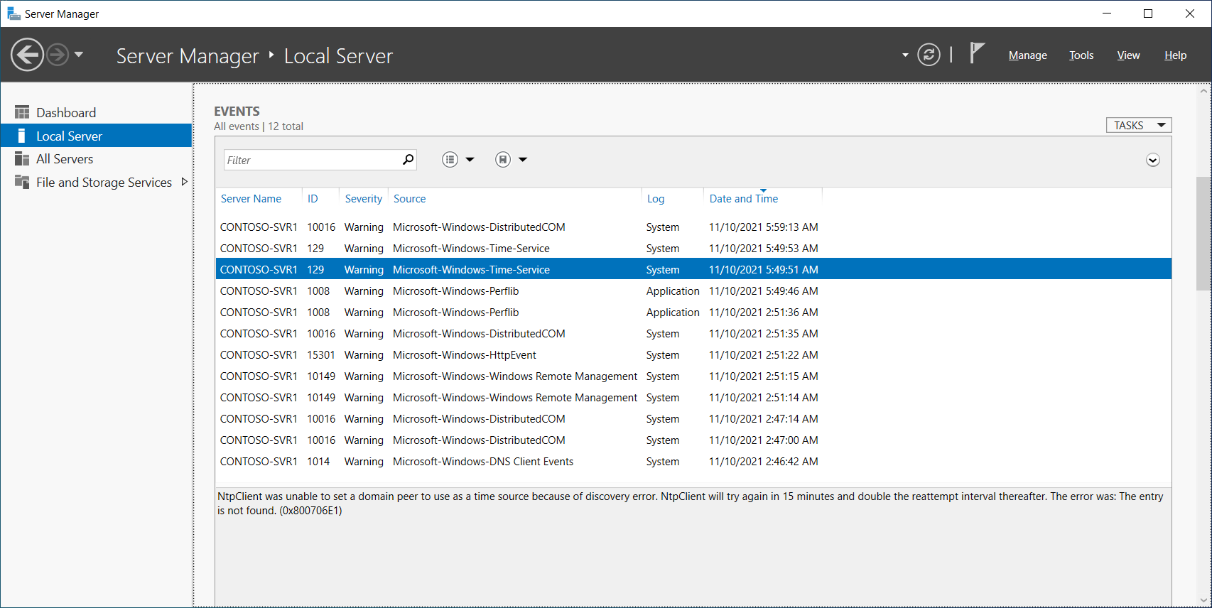 This screenshot displays the EVENTS node in Local Server in Server Manager. A Warning event has been selected that relates to the Microsoft-Windows-Time-Service.