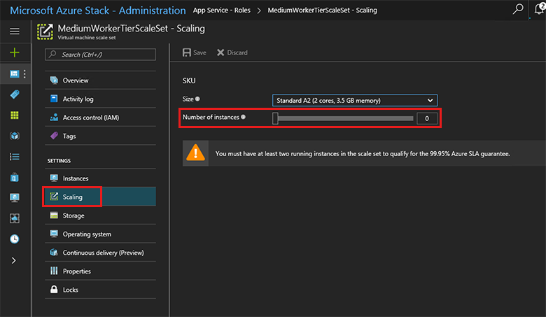 Set instances to scale to in App Service Roles in Azure Stack Hub administrator portal.