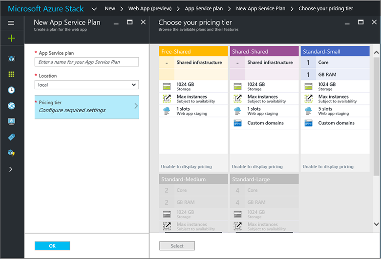 Pricing tiers for new App Service plan in Azure Stack Hub administrator portal.