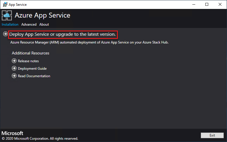 Screenshot that shows how to start the deployment or upgrade process in the App Service installer.