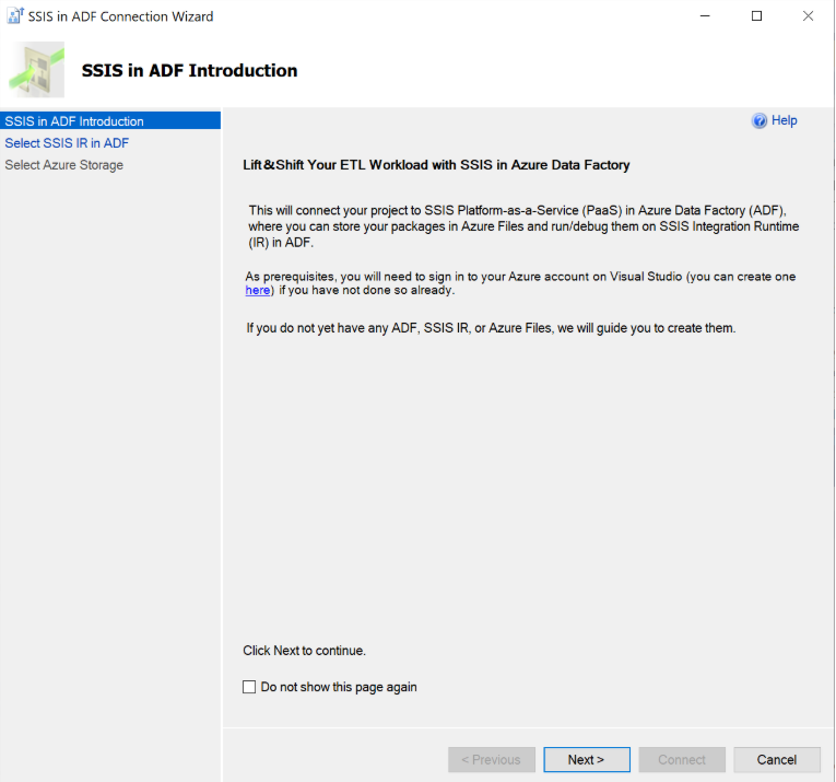 SSIS in ADF Introduction screen