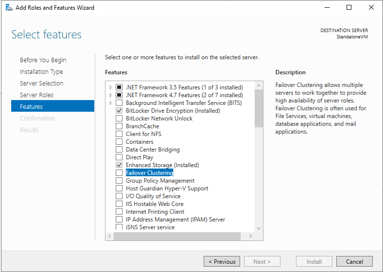 Using the Add Roles and Features Wizard to add the Failover Clustering feature