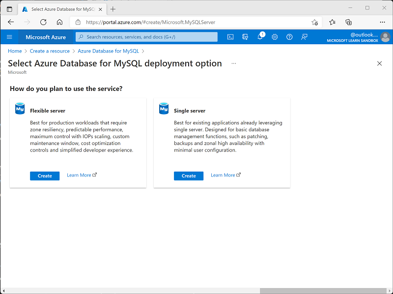 Screenshot of Azure Database for MySQL deployment options