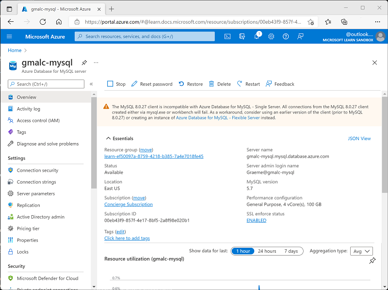 Screenshot of the Azure portal showing the Azure Database for MySQL page.