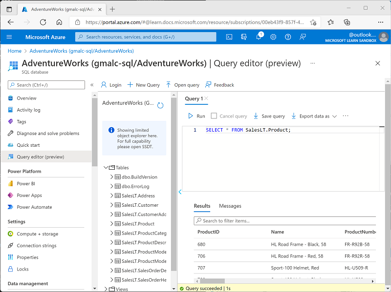 Screenshot of the Azure portal showing the query editor with query results.