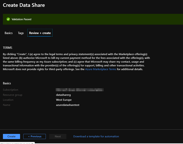 Deployment of Azure Data Share to resource group