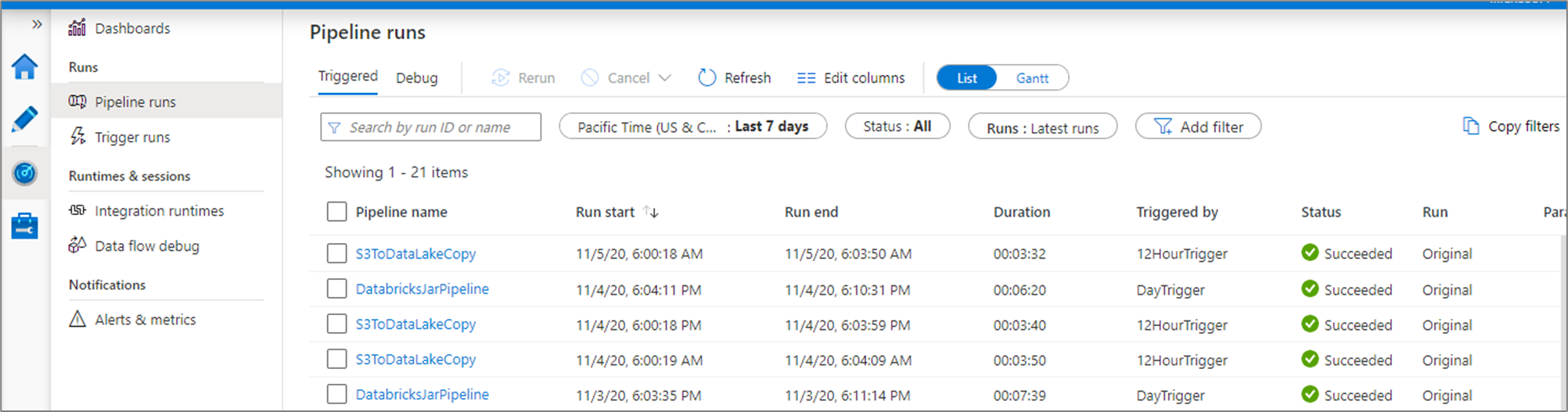 List view for monitoring pipeline runs