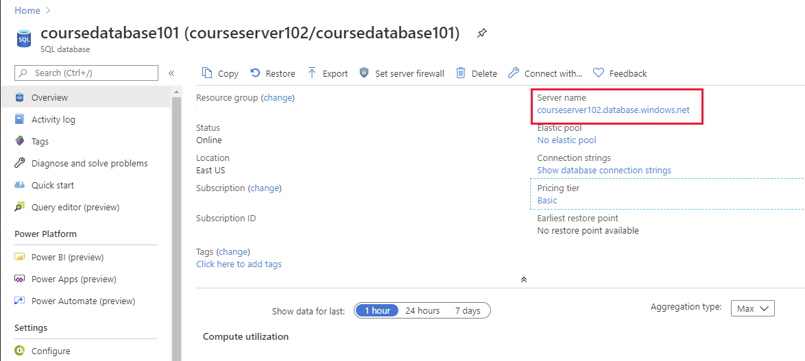 The Overview page for a SQL Database instance in the Azure portal