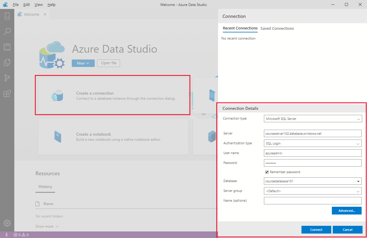 Azure Data Studio - Create New Connection