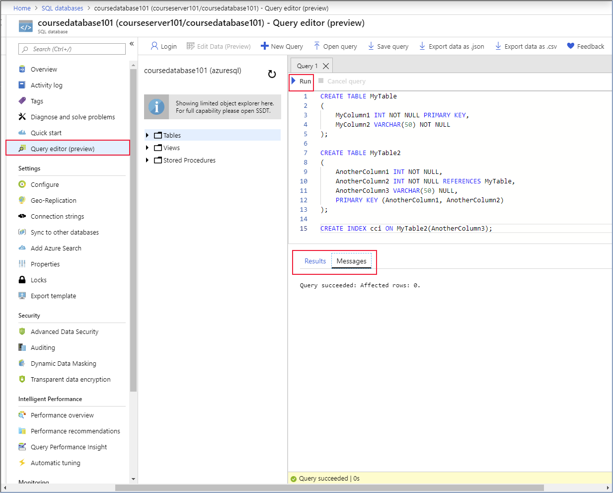 The query editor in the Azure portal with the various panes highlighted