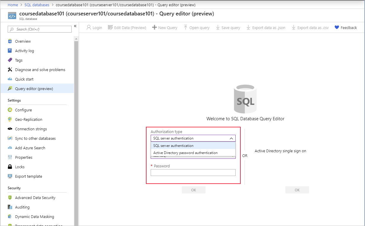 The SQL Database sign-in page in the Azure portal