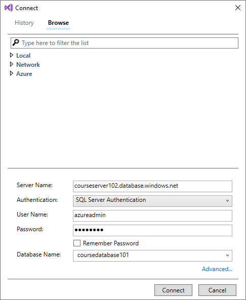 The Connect dialog box in Visual Studio