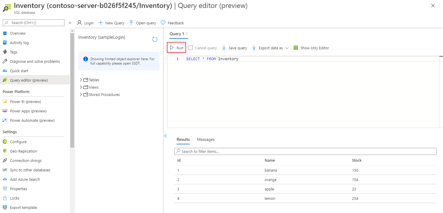 Run basic query in SQL Database Query Editor.