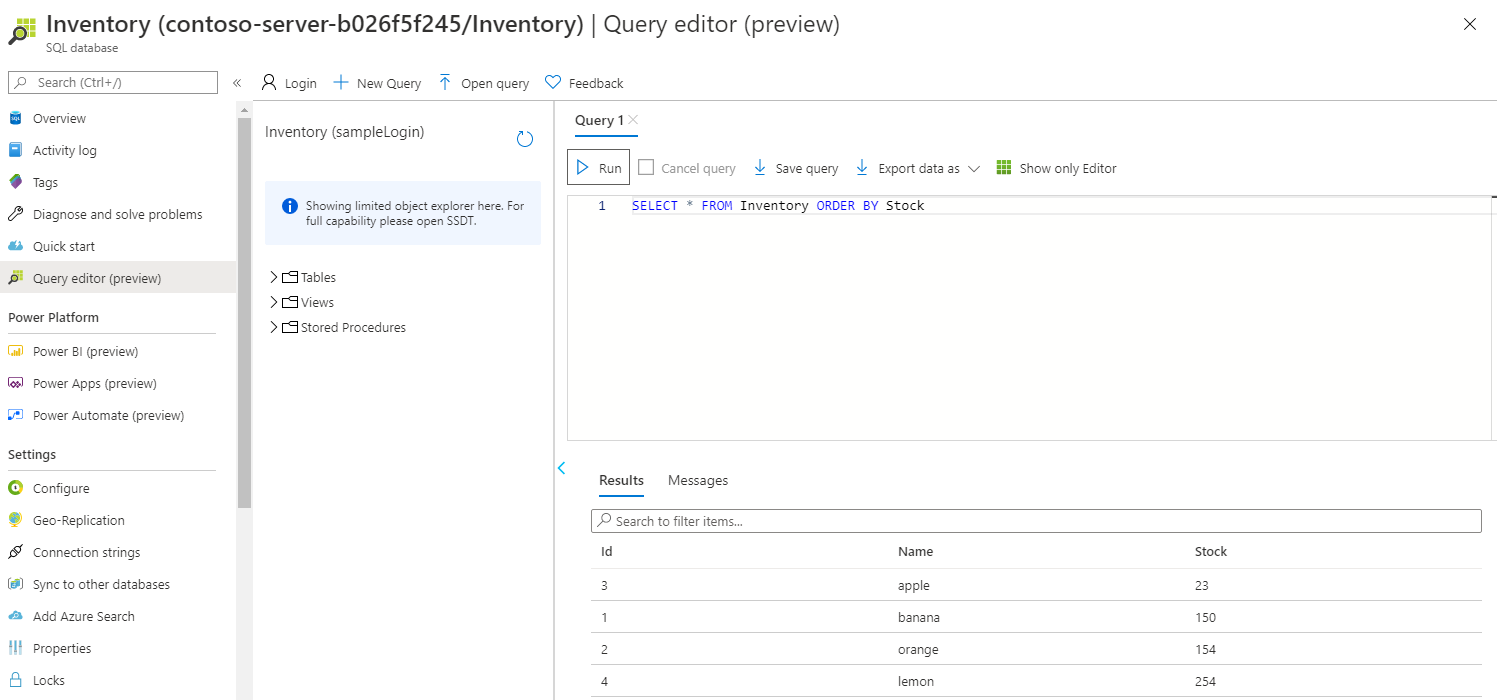 Run an ORDER query in SQL Database Query Editor.