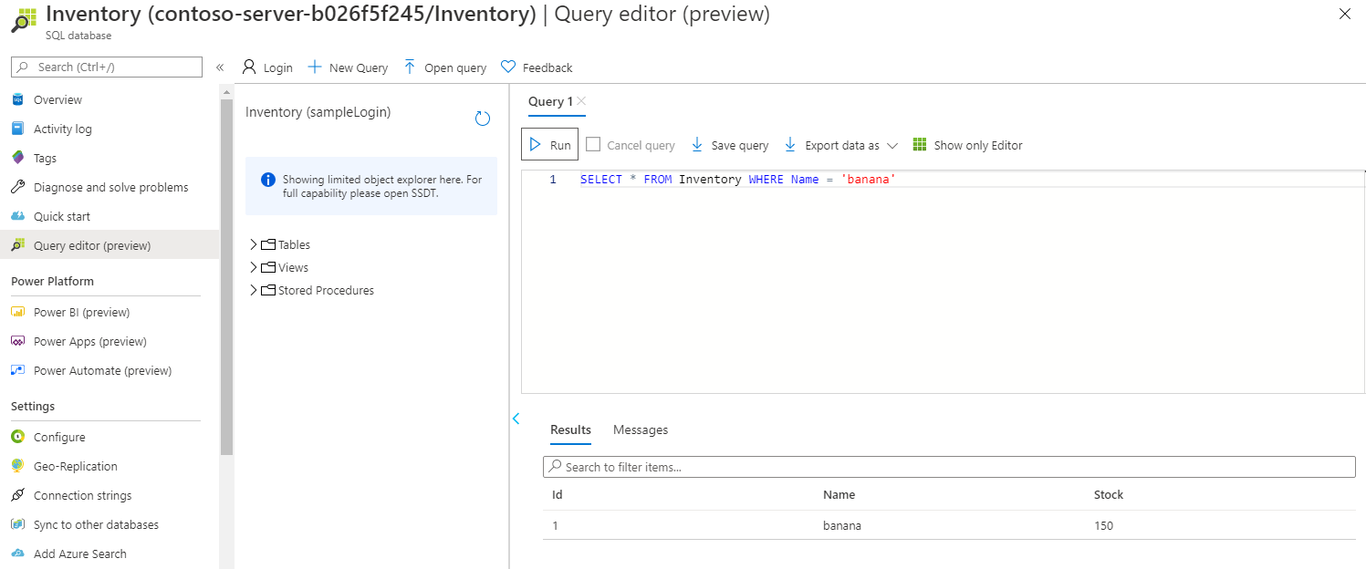 Run a WHERE query in SQL Database Query Editor.