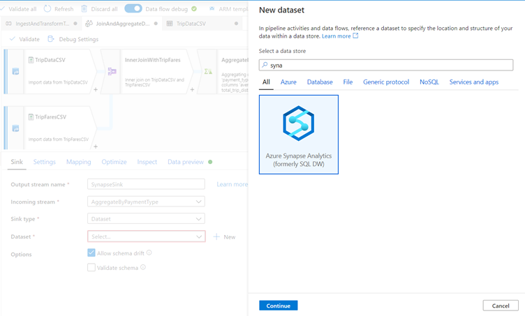 Select Azure Synapse Analytics for Sink Transformation