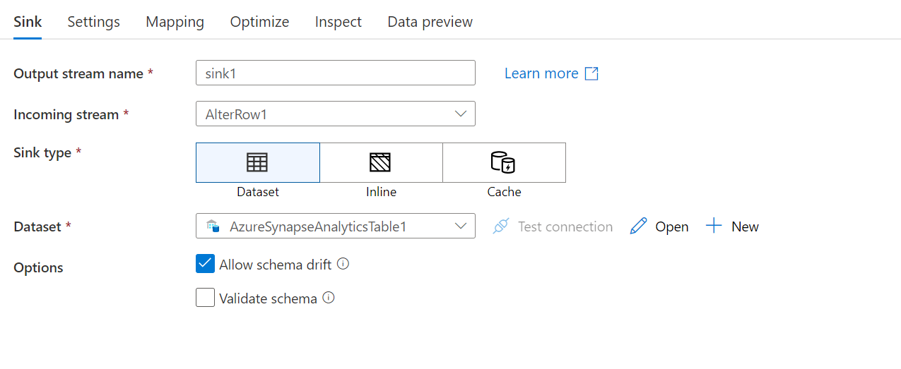 Dataset options in sink for Azure Synapse Analytics