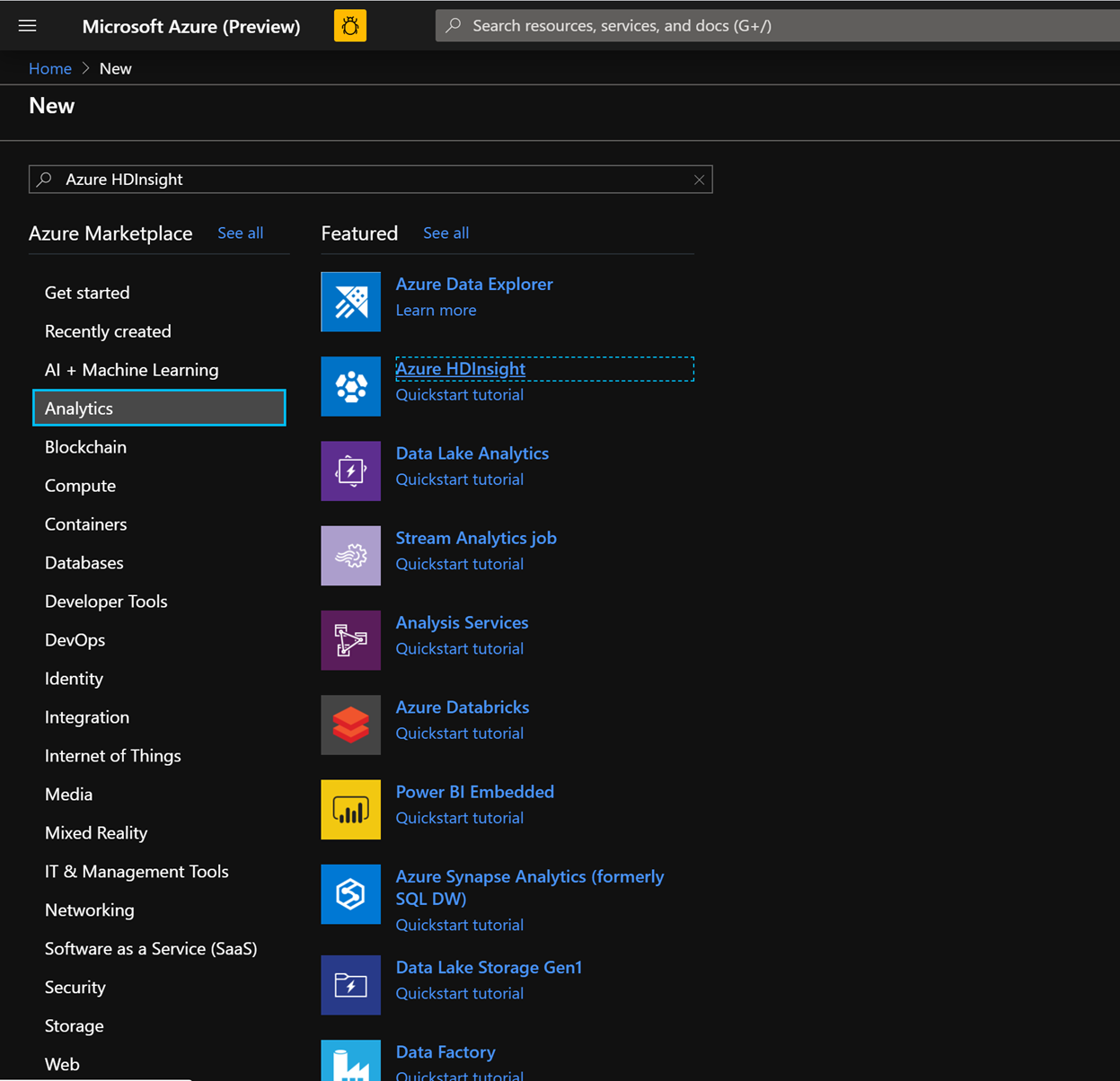 Azure HDInsight in the Azure Portal.