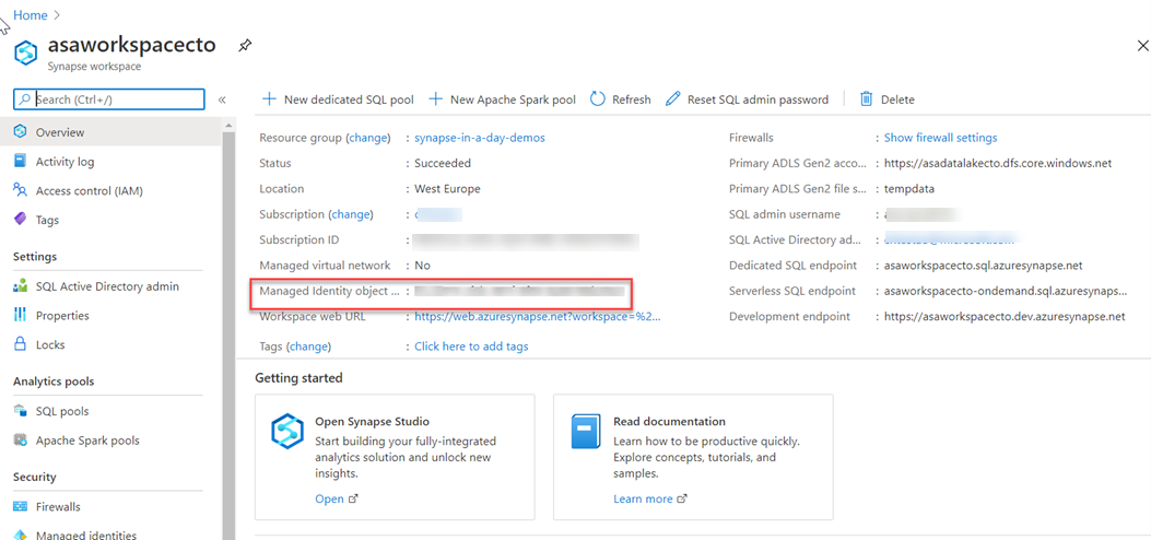 Viewing managed identity informationin the Azure portal.