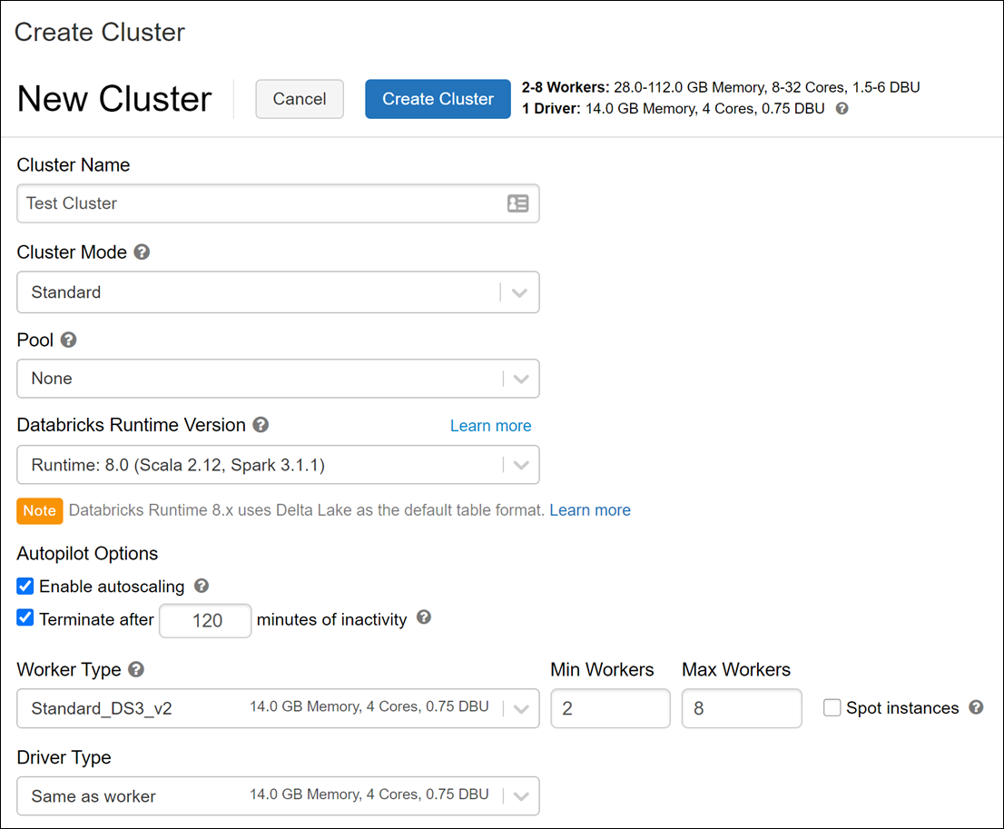 The create cluster page.