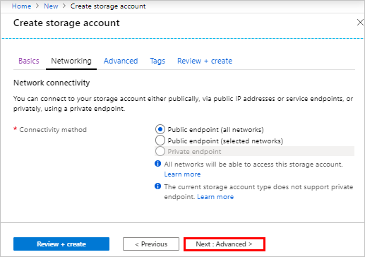 HDInsight networking tab in the Azure portal.