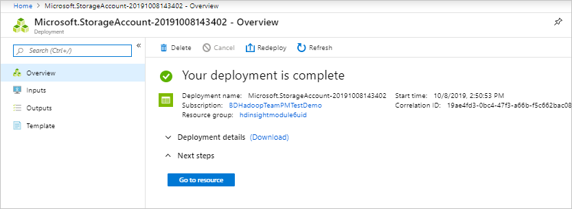 Screenshot that shows the Microsoft Storage Account overview page, stating that your deployment is complete.