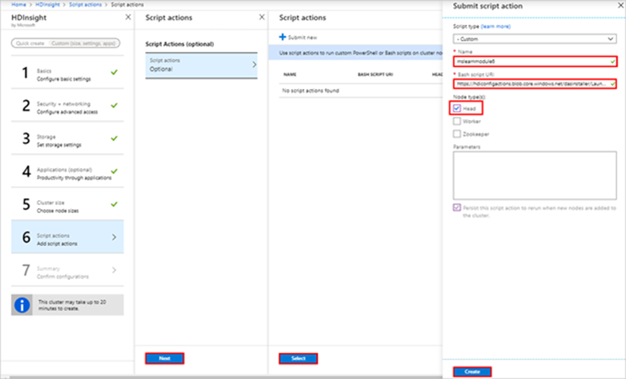 The script actions page in the Azure portal.