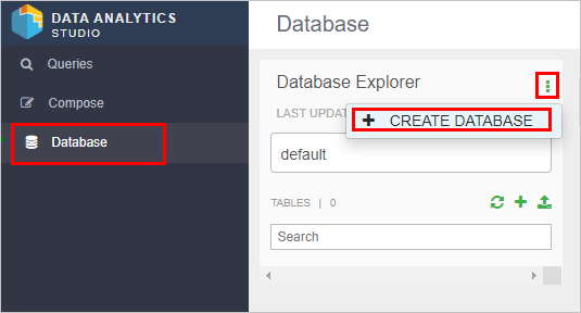 A screenshot of the Create Database button in the Data Analytics Studio application
