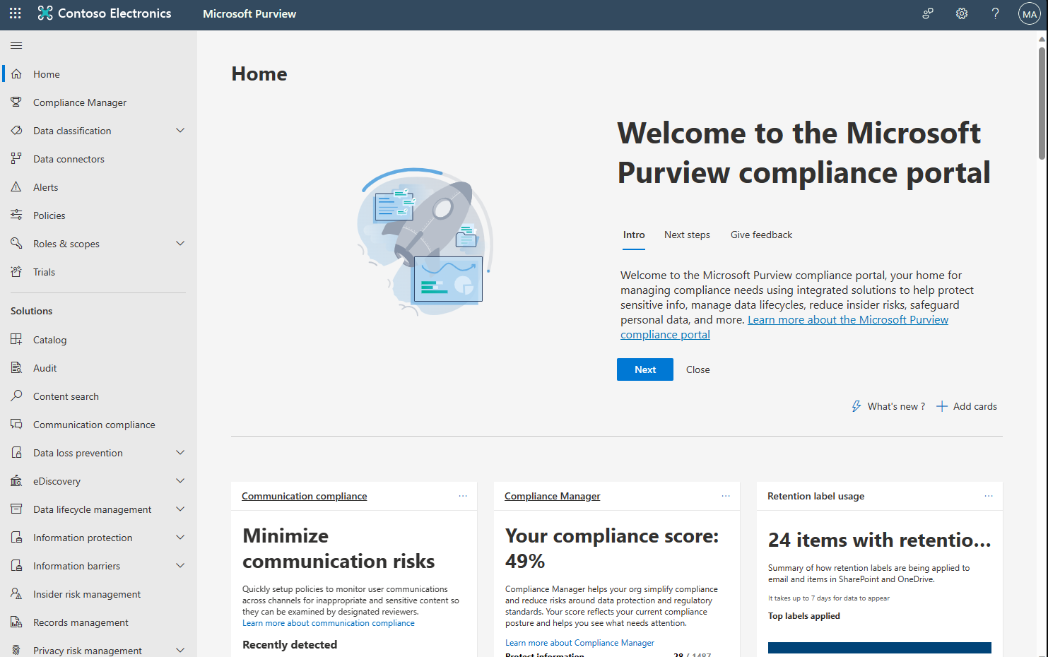 Screen shot of the Microsoft Purview compliance portal dashboard.