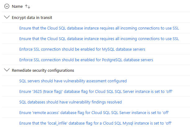 Screenshot showing security recommendations for a SQL database in Defender for Cloud.