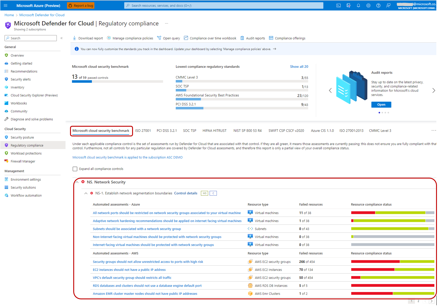 Screenshot showing Azure Security Benchmark surfaced in Microsoft Defender for Cloud regulatory compliance dashboard.
