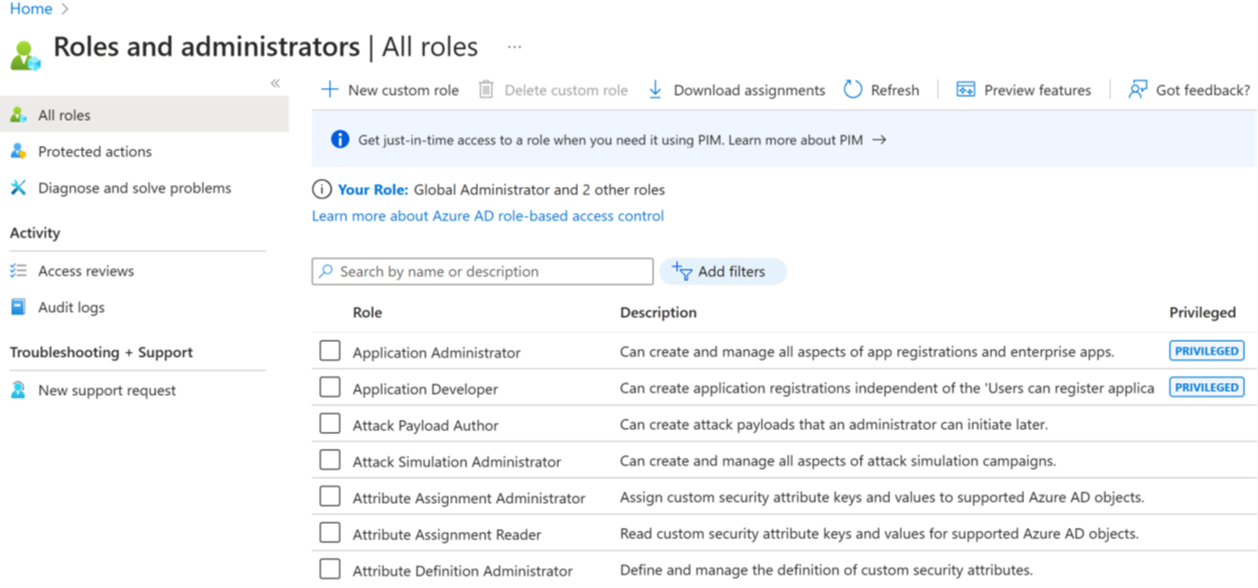 Screenshot of the Microsoft Entra roles on the Roles and administrators window in Microsoft Entra ID manage menu of the Azure portal.