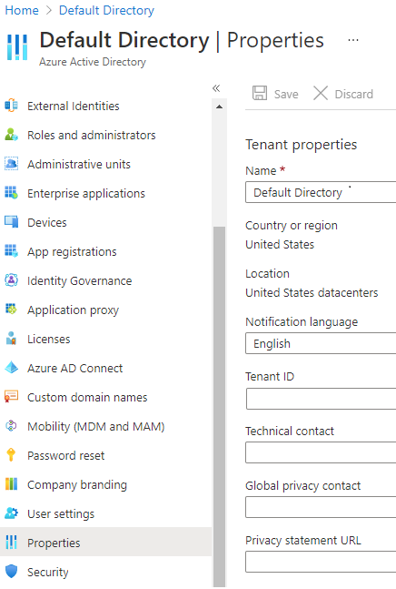 Screenshot of the Microsoft Entra ID properties dialog box. Configure the definition of your tenant.