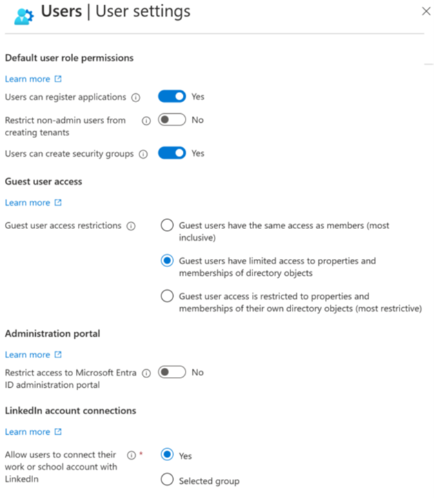 Screenshot of the User settings screen in Microsoft Entra ID.  Use it to configure what users can do.