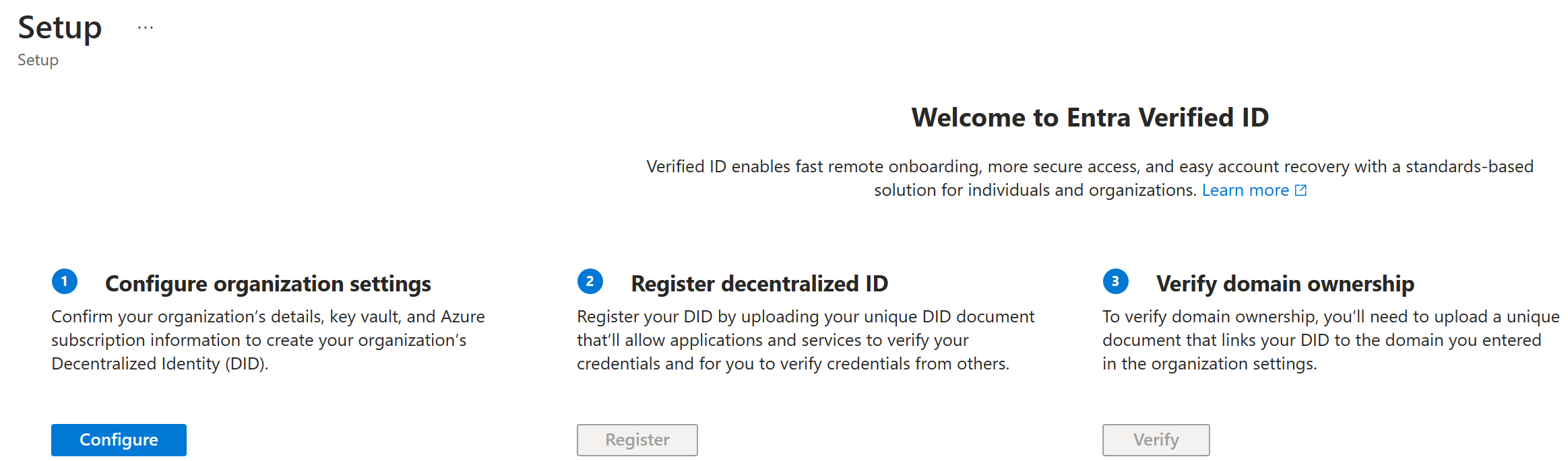 Screenshot of the Microsoft Entra ID security settings screen, with the Verifiable credentials selected.