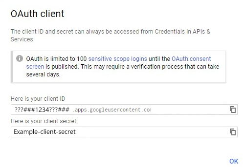 Screenshot of the OAuth client ID and client secret. Set your access secret.