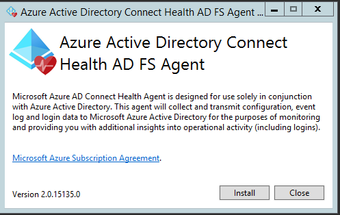 Screenshot of the installation window for the Azure Microsoft Entra Connect Health AD  FS agent.