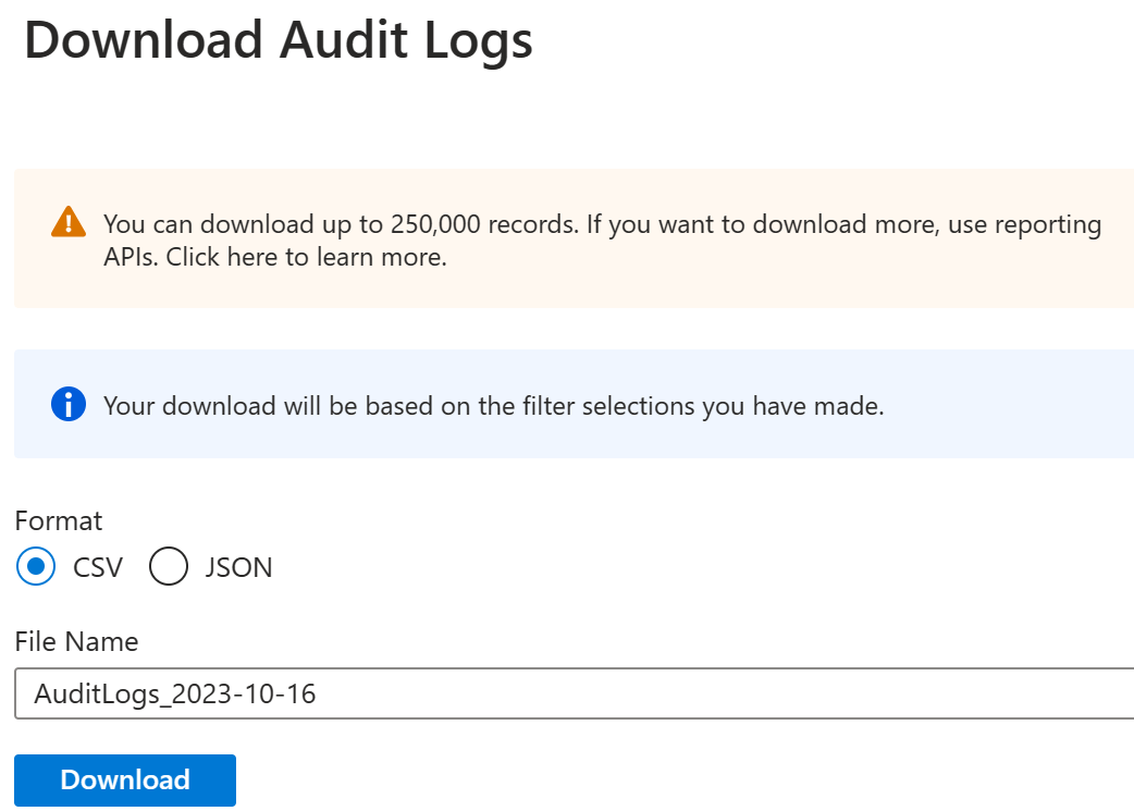 Screenshot of the Download data. Get the data in a CSV or JSON file to help you work offline.