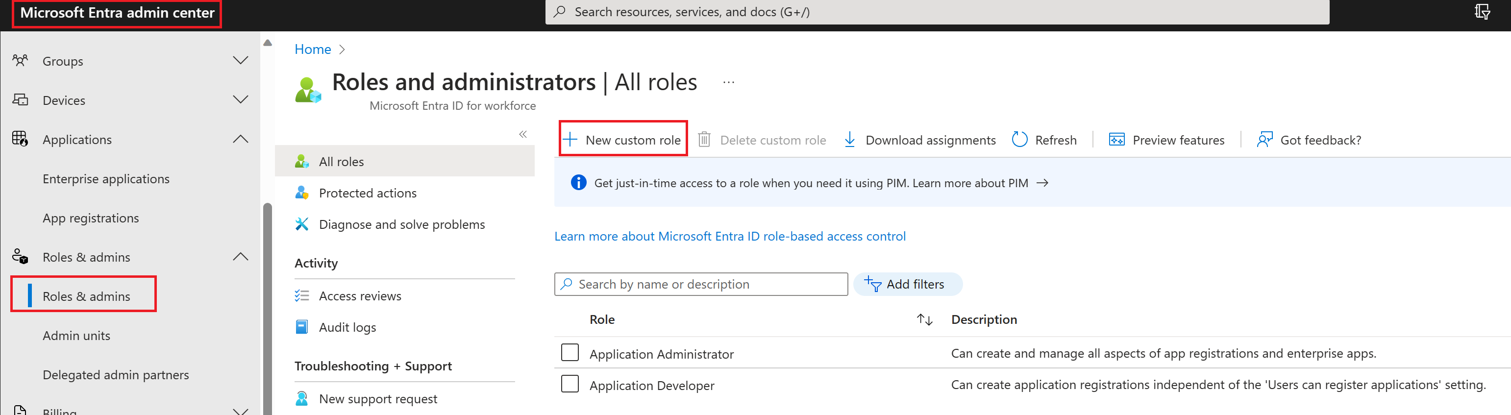 Screenshot of the Roles and administrators screen with the New custom role menu option highlighted.