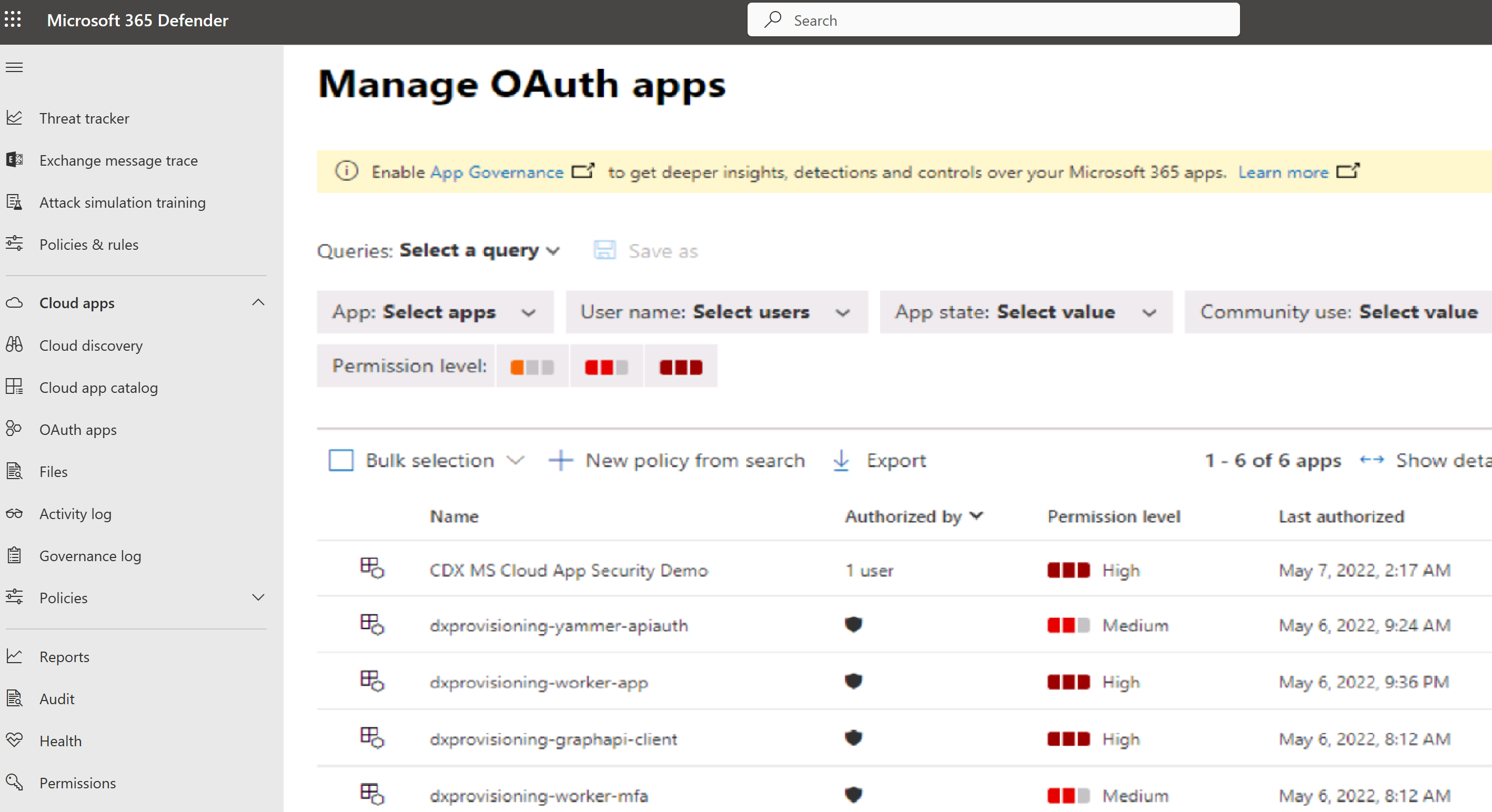 Screenshot of the Microsoft Defender for Cloud Apps site with the create OAuth Policy dialog open.