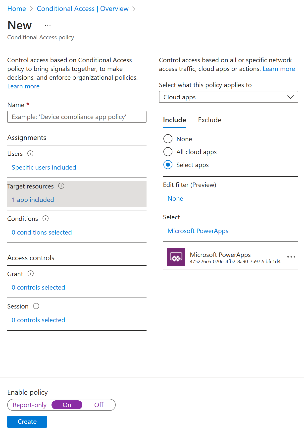 Screenshot of the Microsoft Entra Conditional Access: Cloud apps or actions page for configuration.