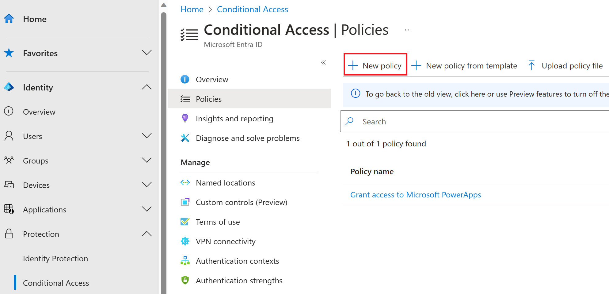 Screenshot of the Microsoft Entra Conditional Access screen, listing policies that currently exist.