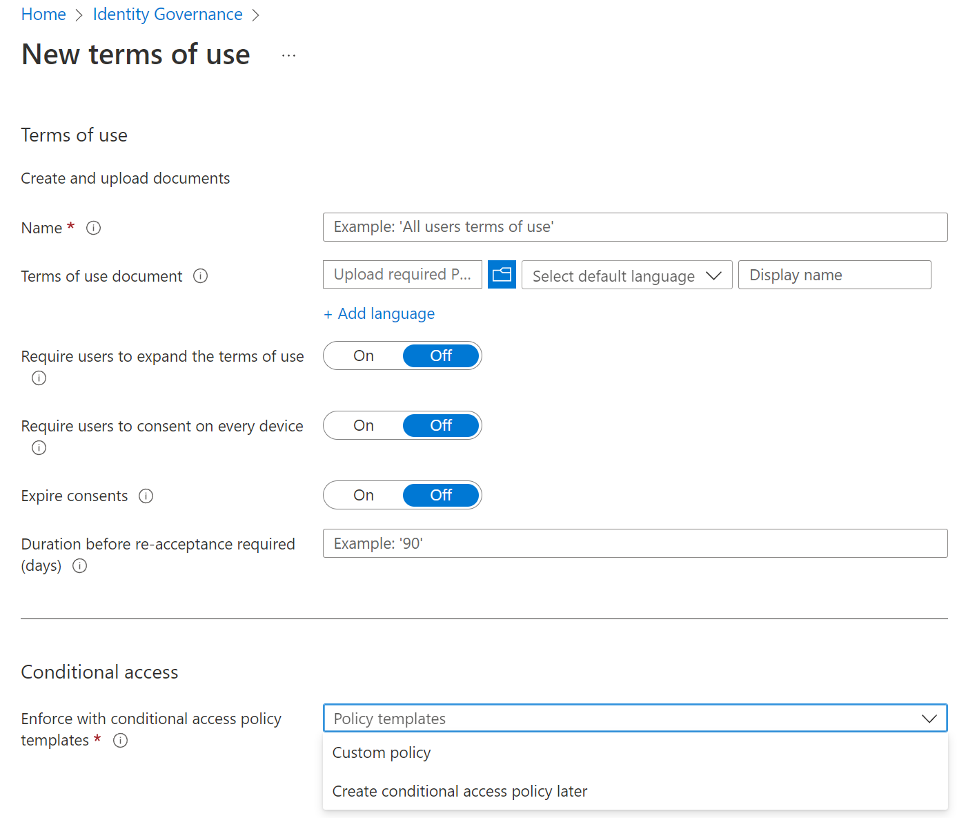 Screenshot of the Identity Governance dialog to create new Terms of Use for your cloud solutions.