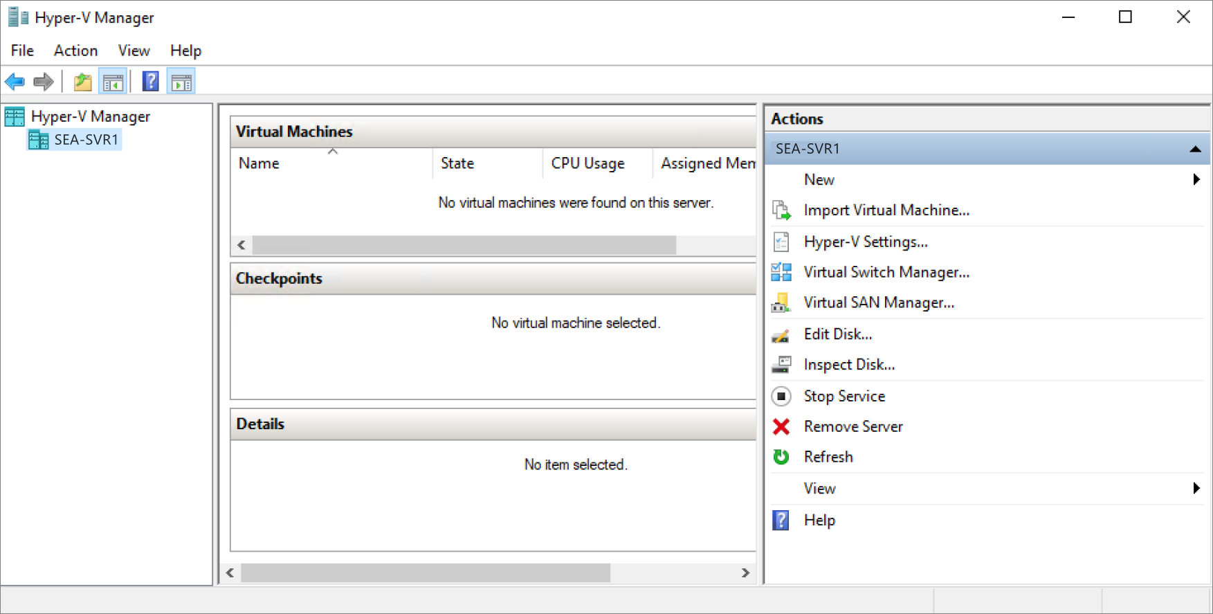 The Hyper-V Manager GUI with its five panes: navigation, Virtual Machines, Checkpoints, Details, and Actions.