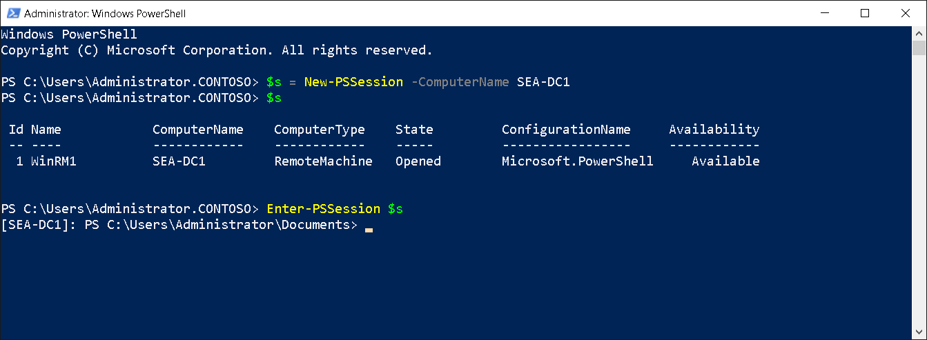 A screenshot of the Administrator: Windows PowerShell dialog box. The administrator has connected remotely to SEA-DC1.