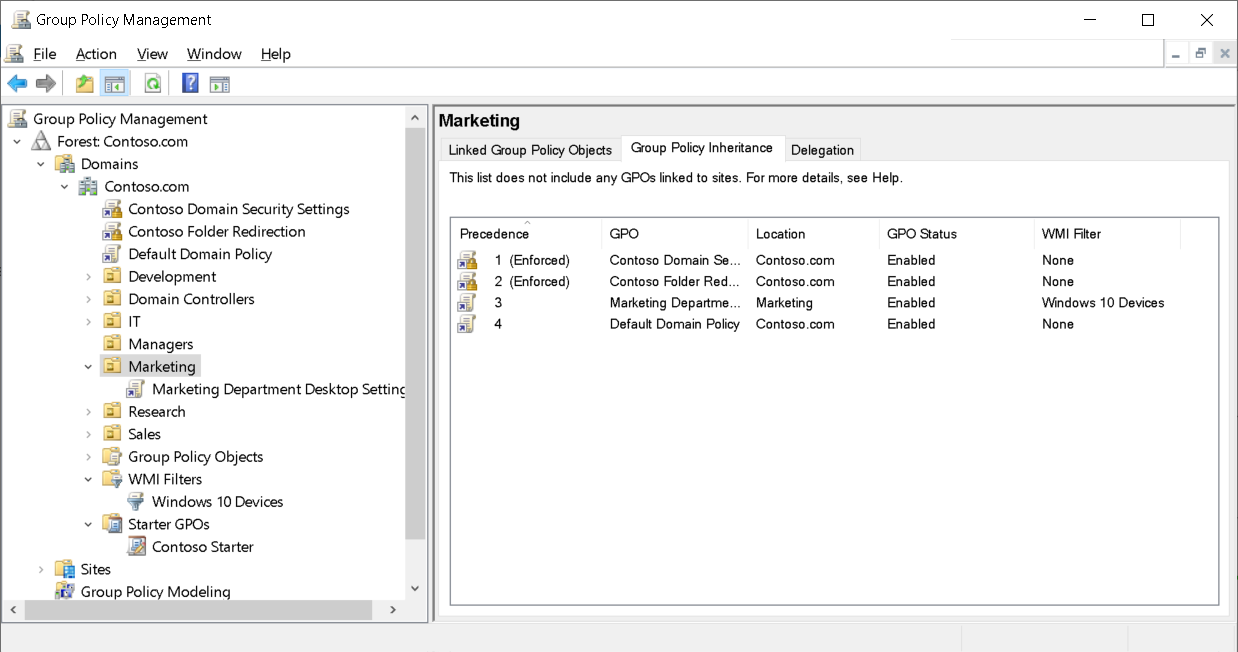 A screenshot of the Group Policy Management console. The administrator has selected the Group Policy Inheritance tab for the Marketing OU. Four policies are displayed, two of which are Enforced from the domain.