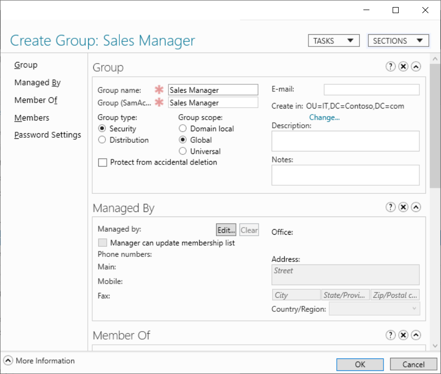 A screenshot of Create Group: Sales Managers dialog box in Windows Administrative Center.