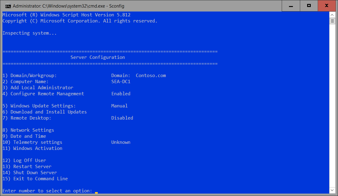 A screenshot of Sconfig in an elevated Command Prompt window. Available options are described in the following table.