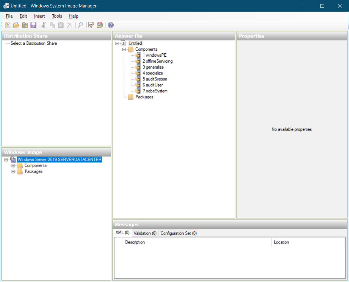 A screenshot of Windows System Image Manager. An untitled answer file is open. Displayed are details of the Distribution Share,the Windows Image, the Answer File, and both the Properties and Messages panes.